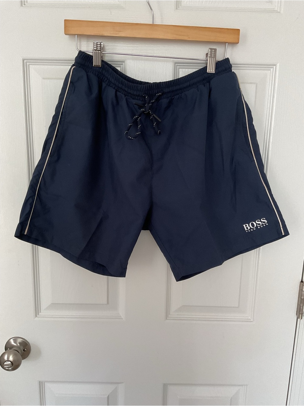 BOSS Men's Navy Swim Trunks with Contrast Piping